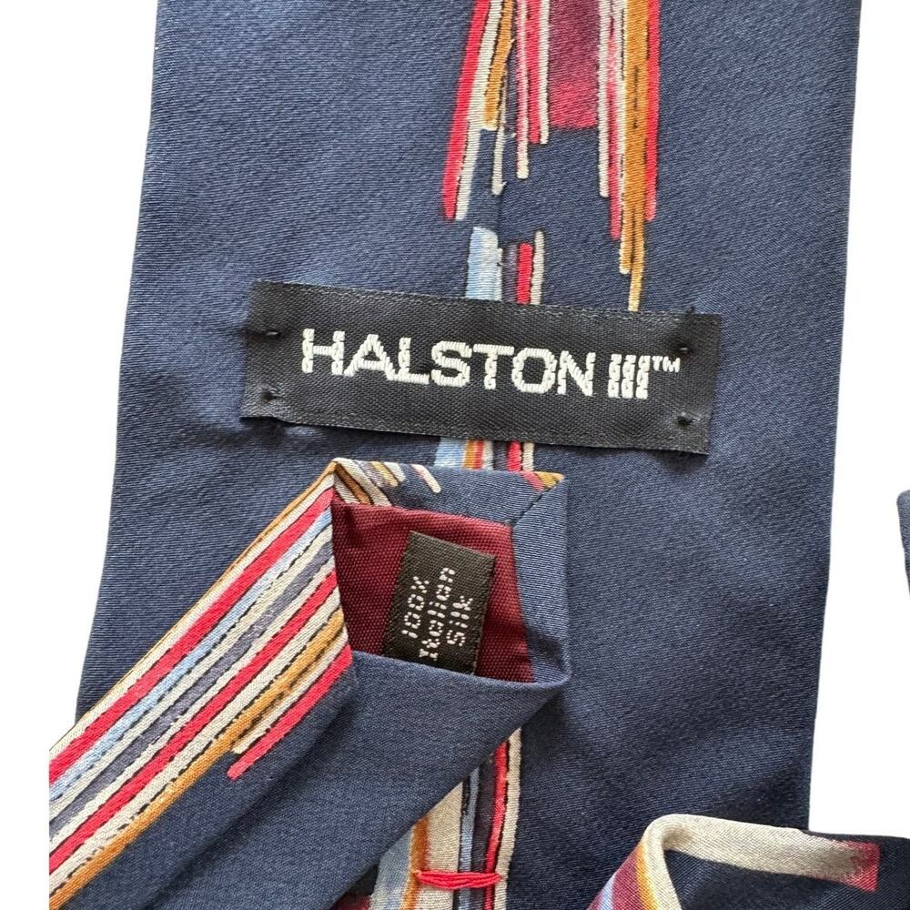 Halston III vintage 80s 100% silk retro striped tie 4” w navy blue red - Picture 3 of 4